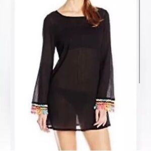 Coco Rave Swim Cover Up Medium Women's Black gauze Multi-Color Crochet Cuff